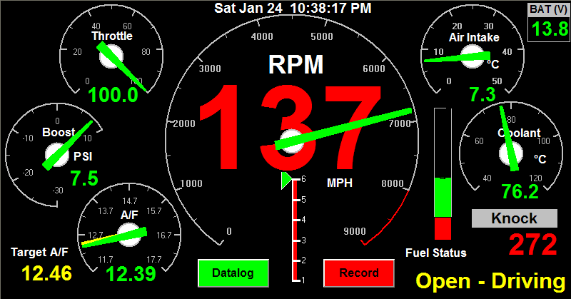 The green and red bars above fuel status is for knock levels - green is knock threshold and red is knock level.
<br />The AF gauge has a yellow pointer for AF CMD under green pointer.